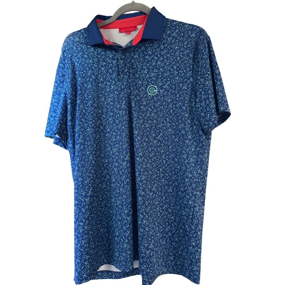 REDVANLY Mens Floral Performance Golf Polo Shirt Navy Blue Green Size M